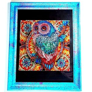 Custom Diamond Art Painting Owl 16"x13" Teal and Pink Frame